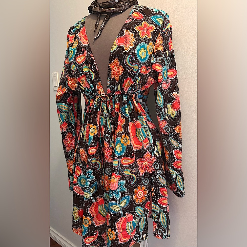 Athletic Works Cotton Multicolor Floral Deep V Tie Dress